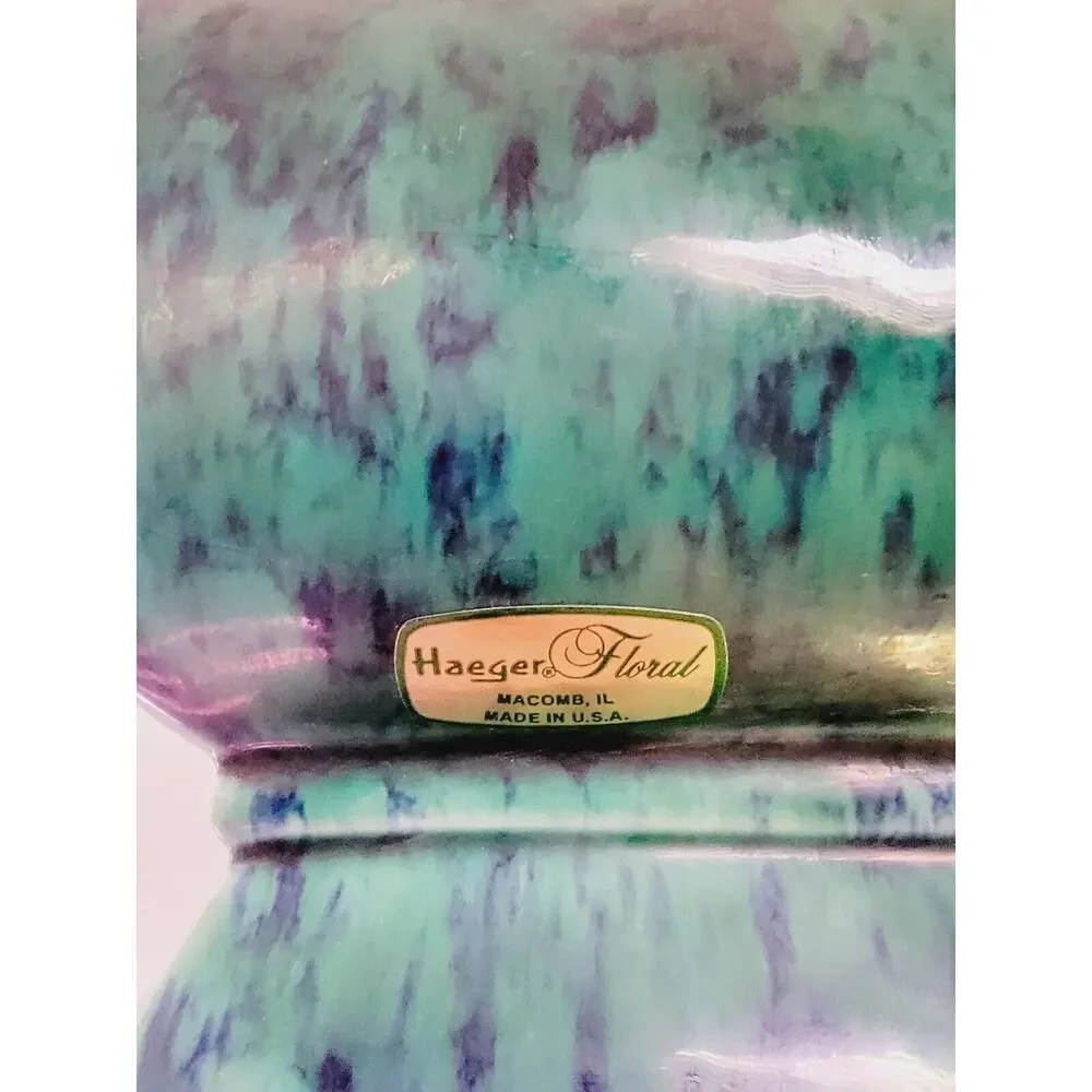 Vintage Haeger Green Blue Floral Square Vase 11” Art Pottery